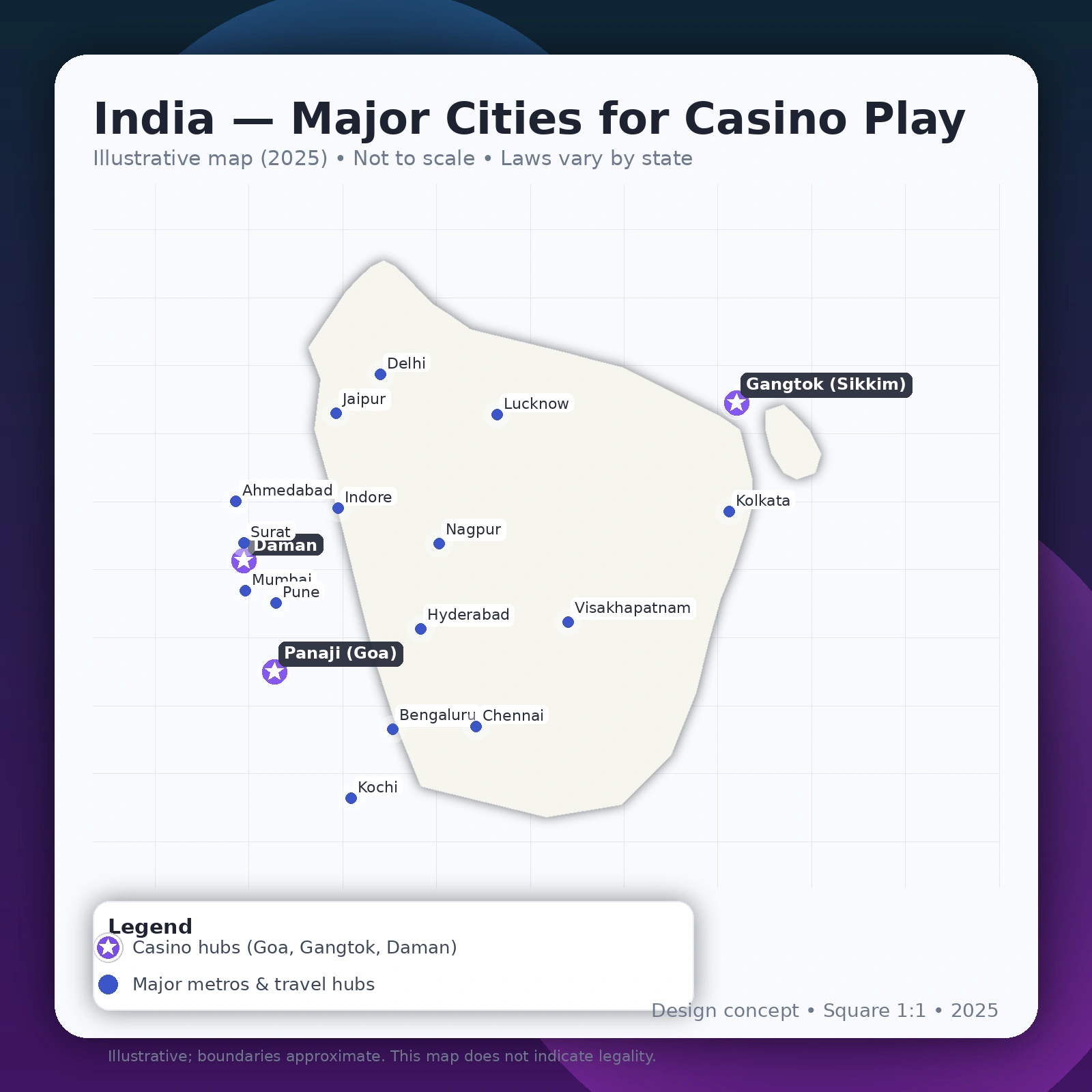 Map of India highlighting major cities for casino play